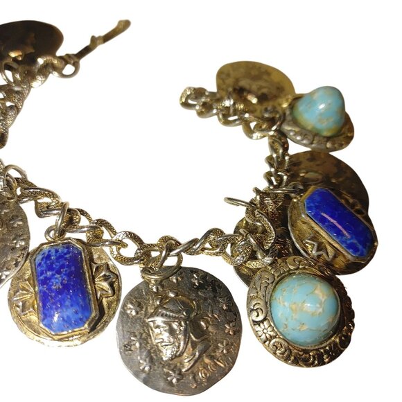 Coin Charm Bracelet Vintage Lapis Lazuli Turquoise Glass Stone Egyptian Etruscan - Picture 4 of 12
